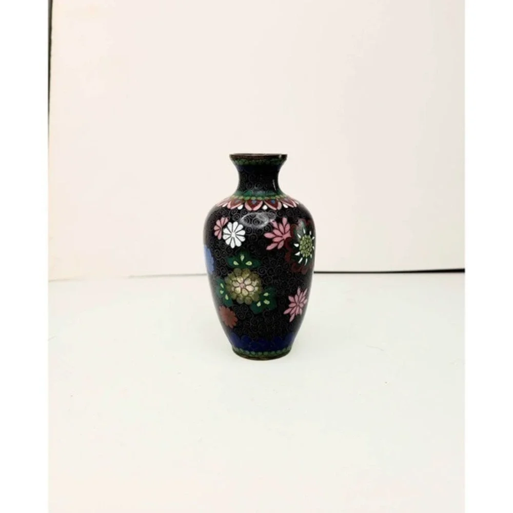 Antique Chinese Black‎ Pink Green Floral Peony Cloisonné Vase